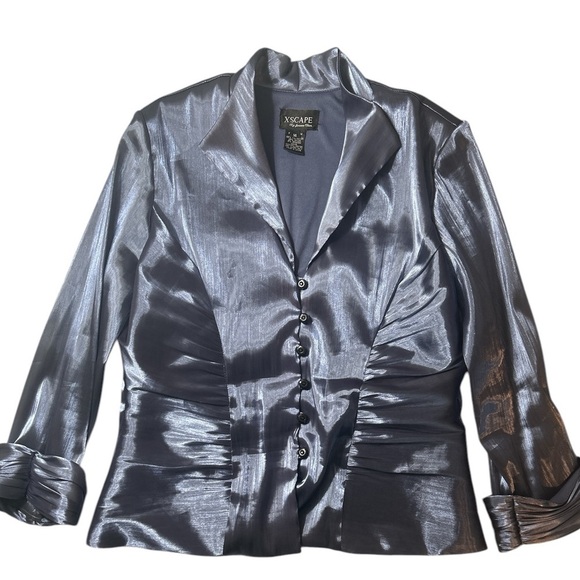 XSCAPE Elegant Shiny Blue Blouse 3/4 Sleeve Spandex Blend Women’s 14 - Picture 16 of 16